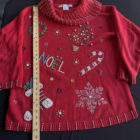 Victoria Jones Sweater Womens Large Christmas Embellished NOEL Beaded Festive - Picture 7 of 7